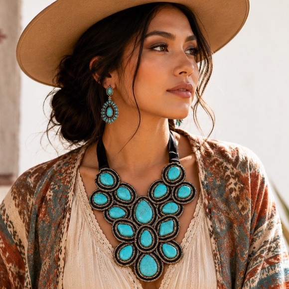 Jewelry - Turquoise-Hued Cabochons Southwestern Bib Necklace Handmade Ribbon Tie Back